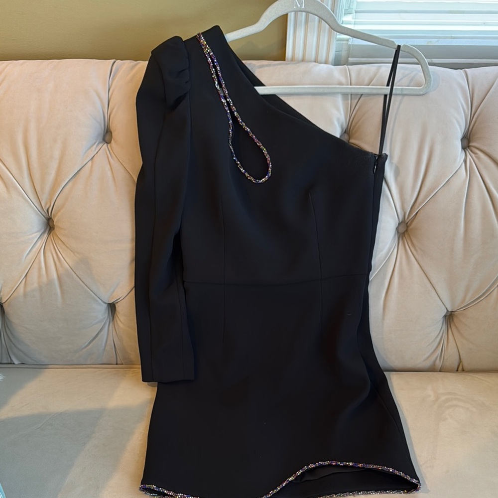Rebecca Vallance Black One-Shoulder Sheath Dress with Silver Embellishments